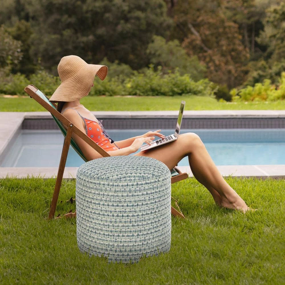 Interwoven Coastal Delight Blue / Green 20 in. Indoor Outdoor Pouf by LR Home 4 Interwoven Coastal Delight Blue / Green 20 in. Indoor Outdoor Pouf by LR Home - Image 2