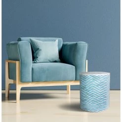 Coastal 16 in. Diameter x 18 in. H Blue Chevron Handmade Bone Inlay Resin Round Drum Side End Table by LR Home -Cheap LR Home Store blue lr home end side tables 5695a4184d9348 31 1000