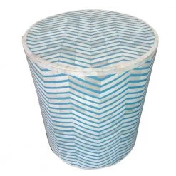 Coastal 16 in. Diameter x 18 in. H Blue Chevron Handmade Bone Inlay Resin Round Drum Side End Table by LR Home