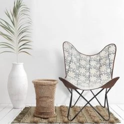 Floral Canvas Leather Blue / White Butterfly Chair by LR Home -Cheap LR Home Store blue white lr home accent chairs chair35010mlt262b 31 1000