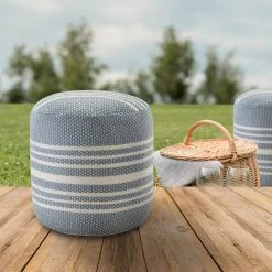 Simple Stripe Blue / White 20 in. Indoor Outdoor Pouf by LR Home -Cheap LR Home Store blue white lr home ottomans poufs34016blu1818 31 1000
