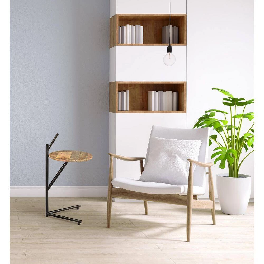 Modern 15 in. Dia x 29 in. H Brown/Black Handmade Iron and Solid Wood Round Side End Table by LR Home 8 Modern 15 in. Dia x 29 in. H Brown/Black Handmade Iron and Solid Wood Round Side End Table by LR Home - Image 6