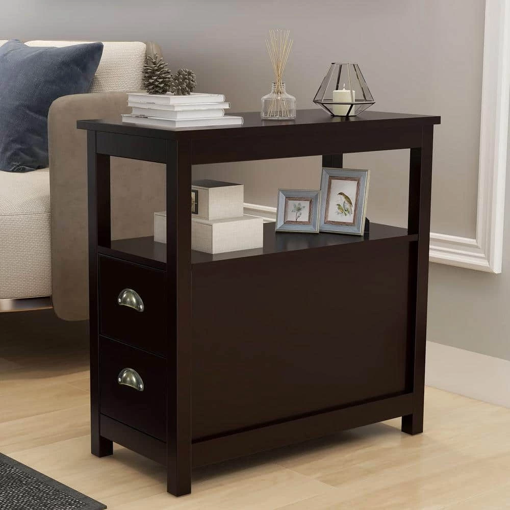 Brown Modern Wooden Space-Saving Rectangular End Table with 2-Drawers and Open Shelf by HOMEFUN 5 Brown Modern Wooden Space-Saving Rectangular End Table with 2-Drawers and Open Shelf by HOMEFUN - Image 3