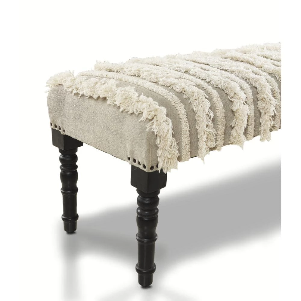 Trendy Cream Tufted Fringed Indoor Bench by LR Home 5 Trendy Cream Tufted Fringed Indoor Bench by LR Home - Image 3