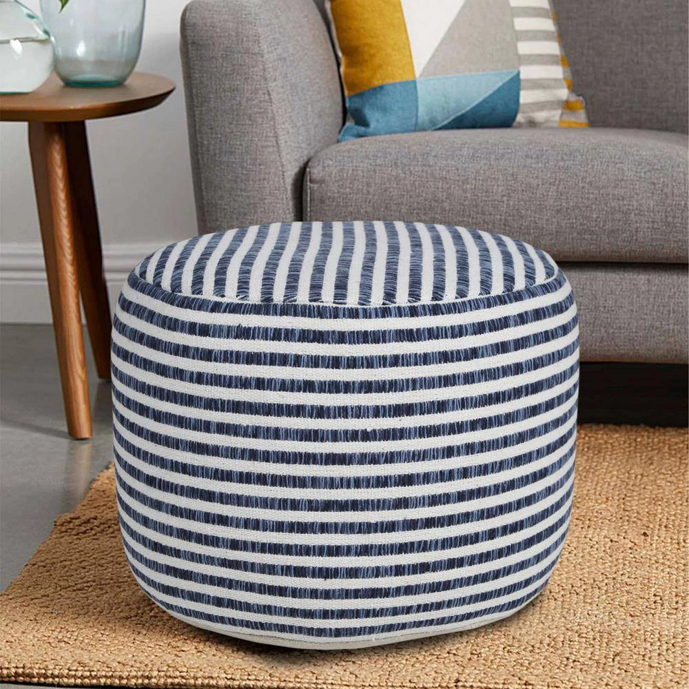 Woven Blue / White 18 in. x 18 in. x 14 in. Stripe Pouf Ottoman by LR Home 10 Woven Blue / White 18 in. x 18 in. x 14 in. Stripe Pouf Ottoman by LR Home - Image 8