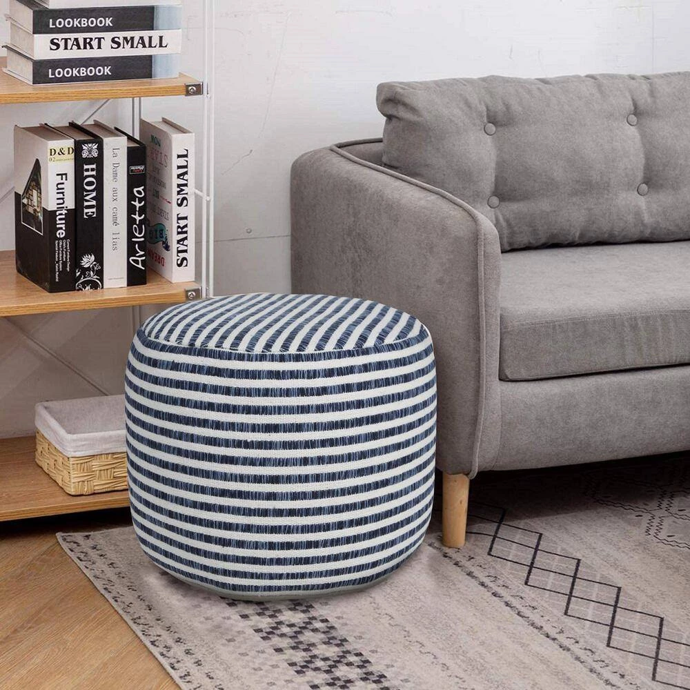 Woven Blue / White 18 in. x 18 in. x 14 in. Stripe Pouf Ottoman by LR Home 9 Woven Blue / White 18 in. x 18 in. x 14 in. Stripe Pouf Ottoman by LR Home - Image 7