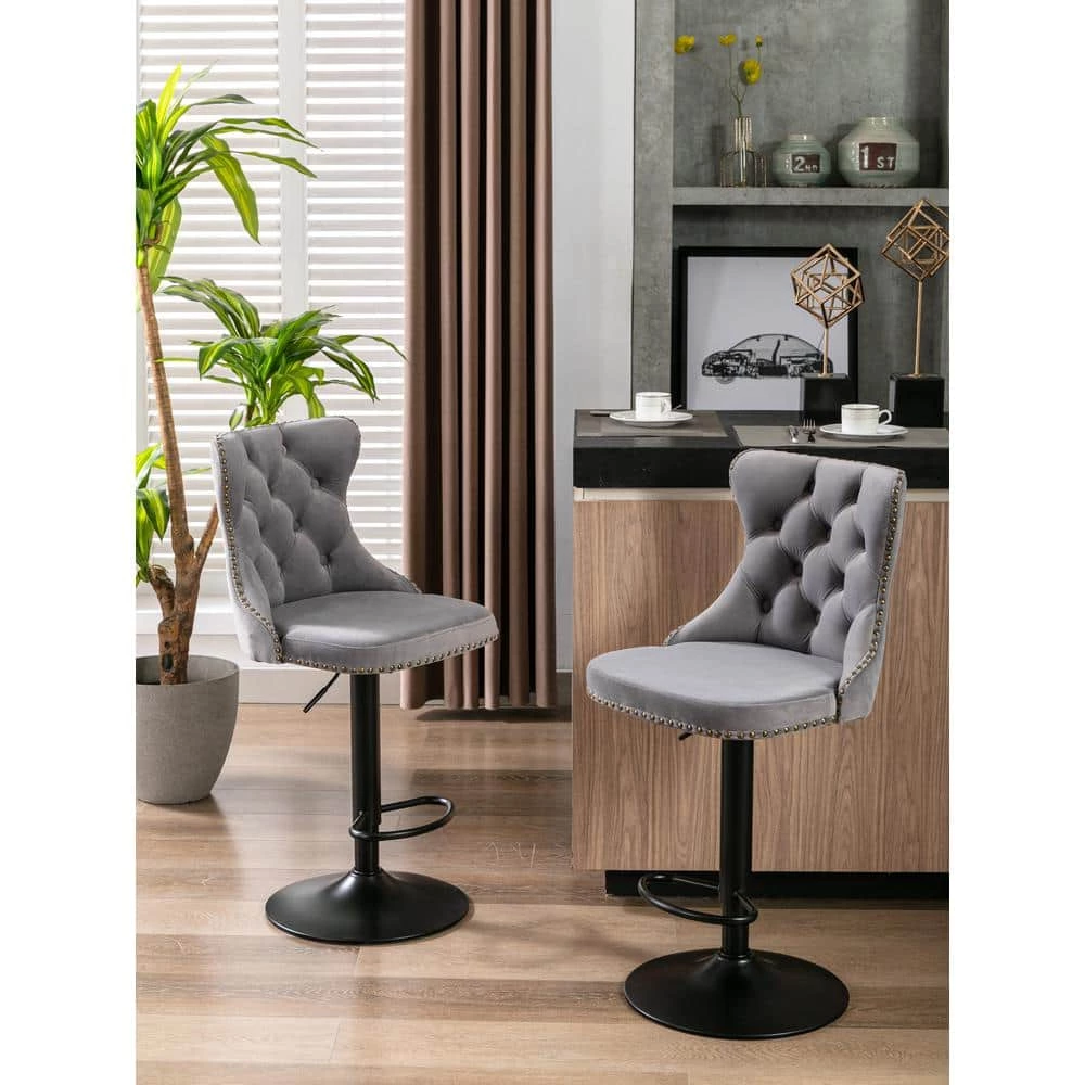 45 in. Modern Upholstered Swivel Gray Velvet Adjusatble Height Bar Stools with High Back (Set of 2) by HOMEFUN 3 45 in. Modern Upholstered Swivel Gray Velvet Adjusatble Height Bar Stools with High Back (Set of 2) by HOMEFUN