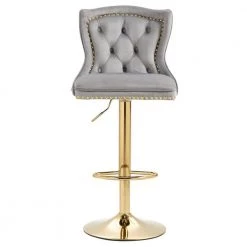 46 in. Gray Velvet High Back Metal Frame Adjustable Cushioned Bar Stools with Back and Footrest (Set of 2) by HOMEFUN