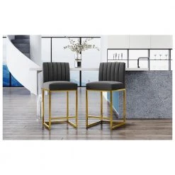 Modern 37in Gray Velvet Upholstered Channel Tufted Backrest Counter Height Bar Stools (Set of 2) by HOMEFUN -Cheap LR Home Store gray homefun bar stools hfhdsn tm gy 2 31 1000