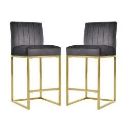 Modern 37in Gray Velvet Upholstered Channel Tufted Backrest Counter Height Bar Stools (Set of 2) by HOMEFUN