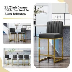 Modern 25in Counter Height High Back Metal Frame Gray Velvet Upholstered Seat and Backrest Bar Stools (Set of 4) by HOMEFUN 14 Modern 25in Counter Height High Back Metal Frame Gray Velvet Upholstered Seat and Backrest Bar Stools (Set of 4) by HOMEFUN -Cheap LR Home Store gray homefun bar stools hfhdsn tm gy 4 1f 1000