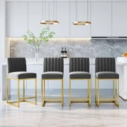 Modern 25in Counter Height High Back Metal Frame Gray Velvet Upholstered Seat and Backrest Bar Stools (Set of 4) by HOMEFUN 18 Modern 25in Counter Height High Back Metal Frame Gray Velvet Upholstered Seat and Backrest Bar Stools (Set of 4) by HOMEFUN -Cheap LR Home Store gray homefun bar stools hfhdsn tm gy 4 31 1000