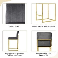 Modern 25in Counter Height High Back Metal Frame Gray Velvet Upholstered Seat and Backrest Bar Stools (Set of 4) by HOMEFUN 15 Modern 25in Counter Height High Back Metal Frame Gray Velvet Upholstered Seat and Backrest Bar Stools (Set of 4) by HOMEFUN -Cheap LR Home Store gray homefun bar stools hfhdsn tm gy 4 44 1000
