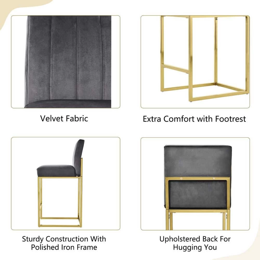 Modern 25in Counter Height High Back Metal Frame Gray Velvet Upholstered Seat and Backrest Bar Stools (Set of 4) by HOMEFUN 7 Modern 25in Counter Height High Back Metal Frame Gray Velvet Upholstered Seat and Backrest Bar Stools (Set of 4) by HOMEFUN - Image 5