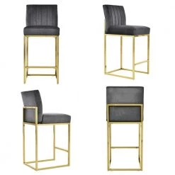 Modern 25in Counter Height High Back Metal Frame Gray Velvet Upholstered Seat and Backrest Bar Stools (Set of 4) by HOMEFUN