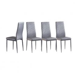 Gray Modern Leather Upholstered Diamond Grid Pattern Dining Chair with Metal Legs (Set of 4) by HOMEFUN