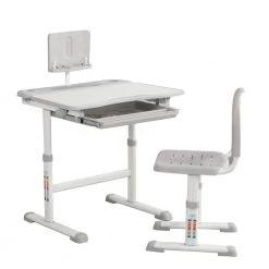 White Adjustable Kids Study Table and Chair Set with Tilt Desktop Reading Board and Pull-Out Drawer by HOMEFUN