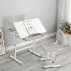 White Adjustable Kids Study Table and Chair Set with Tilt Desktop Reading Board and Pull-Out Drawer by HOMEFUN -Cheap LR Home Store gray homefun kids desks hfhdsn 040wh c3 1000
