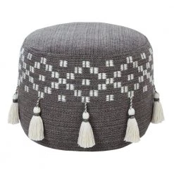 Scandinavian Gray / Ivory Woven Geometric Pouf Ottoman by LR Home