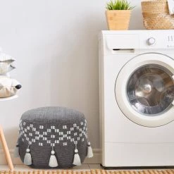 Scandinavian Gray / Ivory Woven Geometric Pouf Ottoman by LR Home -Cheap LR Home Store gray ivory lr home ottomans poufs34041gry1612 77 1000