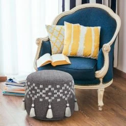 Scandinavian Gray / Ivory Woven Geometric Pouf Ottoman by LR Home -Cheap LR Home Store gray ivory lr home ottomans poufs34041gry1612 d4 1000