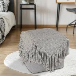 Poncho Solid Gray Tasseled Pouf by LR Home -Cheap LR Home Store gray lr home ottomans poufs99760gry1616 31 1000