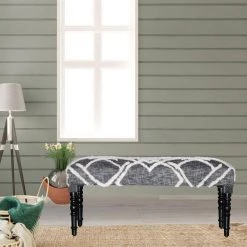 Tufted 18 in. Gray / White Cotton Geometric Diamond Distressed Wooden Bench by LR Home -Cheap LR Home Store gray white lr home bedroom benches bench99067blk3b14 31 1000