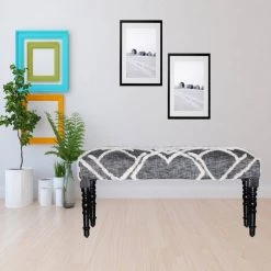 Tufted 18 in. Gray / White Cotton Geometric Diamond Distressed Wooden Bench by LR Home -Cheap LR Home Store gray white lr home bedroom benches bench99067blk3b14 d4 1000