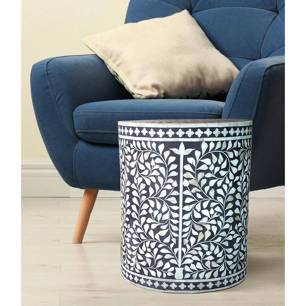 Modern Gray/ White 15 in. Diameter x 18 in. H Floral Handmade Bone Inlay Resin Round Drum Side End Table by LR Home 7 Modern Gray/ White 15 in. Diameter x 18 in. H Floral Handmade Bone Inlay Resin Round Drum Side End Table by LR Home - Image 5