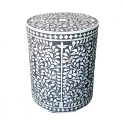 Modern Gray/ White 15 in. Diameter x 18 in. H Floral Handmade Bone Inlay Resin Round Drum Side End Table by LR Home