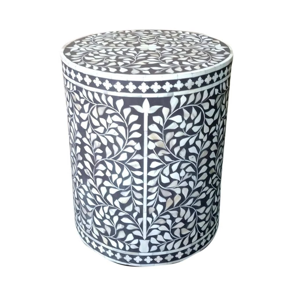 Modern Gray/ White 15 in. Diameter x 18 in. H Floral Handmade Bone Inlay Resin Round Drum Side End Table by LR Home 3 Modern Gray/ White 15 in. Diameter x 18 in. H Floral Handmade Bone Inlay Resin Round Drum Side End Table by LR Home
