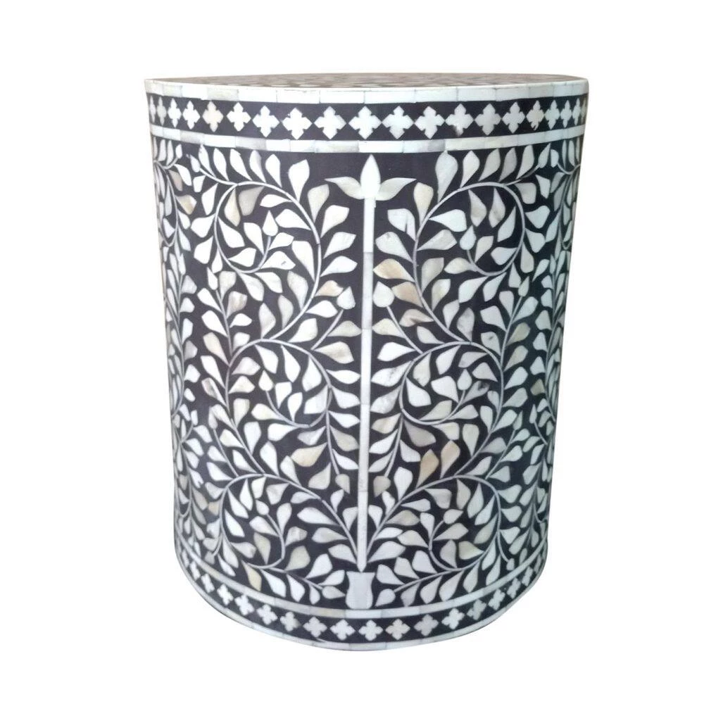 Modern Gray/ White 15 in. Diameter x 18 in. H Floral Handmade Bone Inlay Resin Round Drum Side End Table by LR Home 5 Modern Gray/ White 15 in. Diameter x 18 in. H Floral Handmade Bone Inlay Resin Round Drum Side End Table by LR Home - Image 3