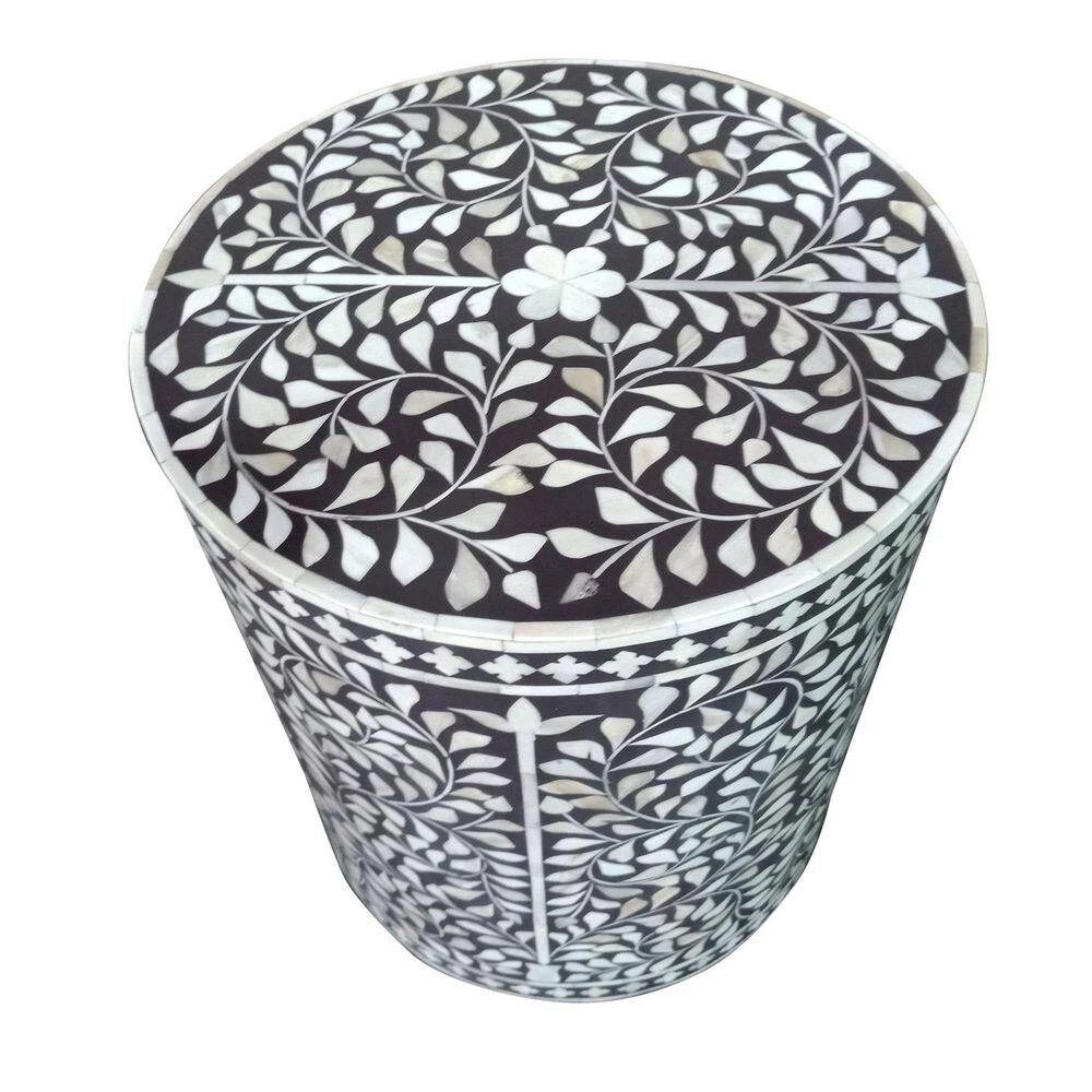 Modern Gray/ White 15 in. Diameter x 18 in. H Floral Handmade Bone Inlay Resin Round Drum Side End Table by LR Home 4 Modern Gray/ White 15 in. Diameter x 18 in. H Floral Handmade Bone Inlay Resin Round Drum Side End Table by LR Home - Image 2