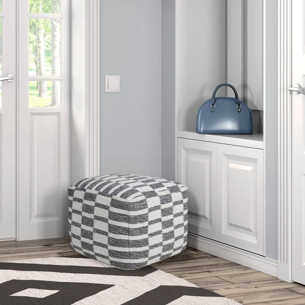 Modern Gray / White 18 in. x 18 in. x 14 in. Checkered Dimensional Pouf Ottoman by LR Home 10 Modern Gray / White 18 in. x 18 in. x 14 in. Checkered Dimensional Pouf Ottoman by LR Home - Image 8