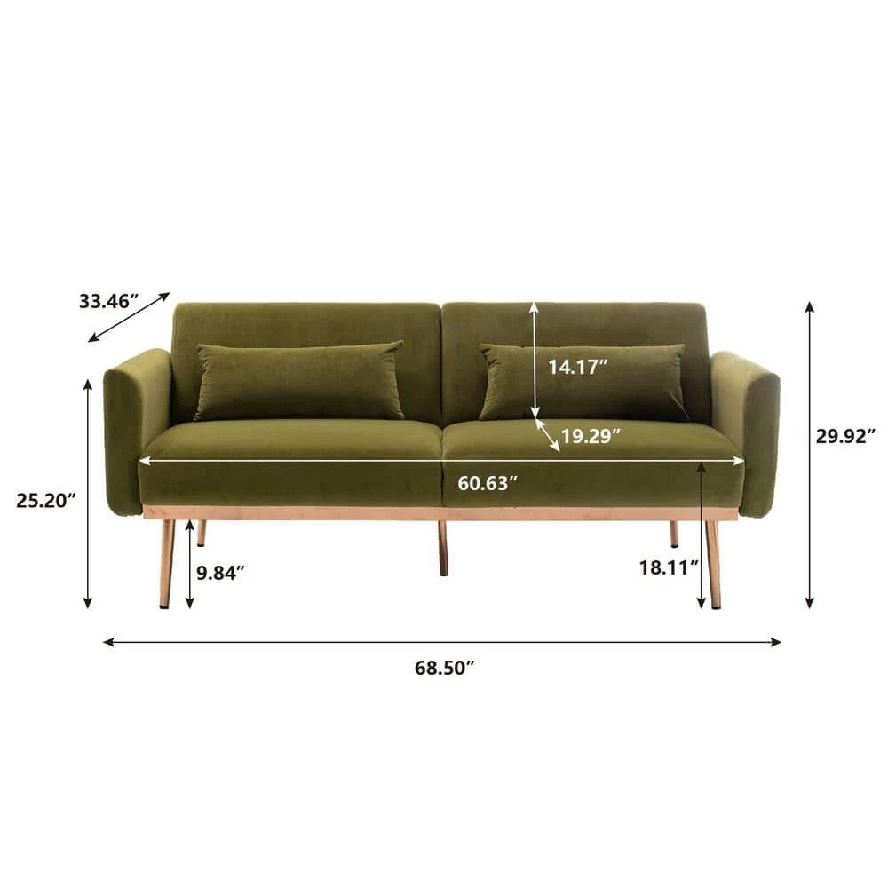 68.5 in. Green Velvet Upholstered Square Arm 2-Seater Loveseat Reclining Sofa with Metal Legs and Pillows by HOMEFUN 9 68.5 in. Green Velvet Upholstered Square Arm 2-Seater Loveseat Reclining Sofa with Metal Legs and Pillows by HOMEFUN - Image 7