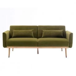 68.5 in. Green Velvet Upholstered Square Arm 2-Seater Loveseat Reclining Sofa with Metal Legs and Pillows by HOMEFUN