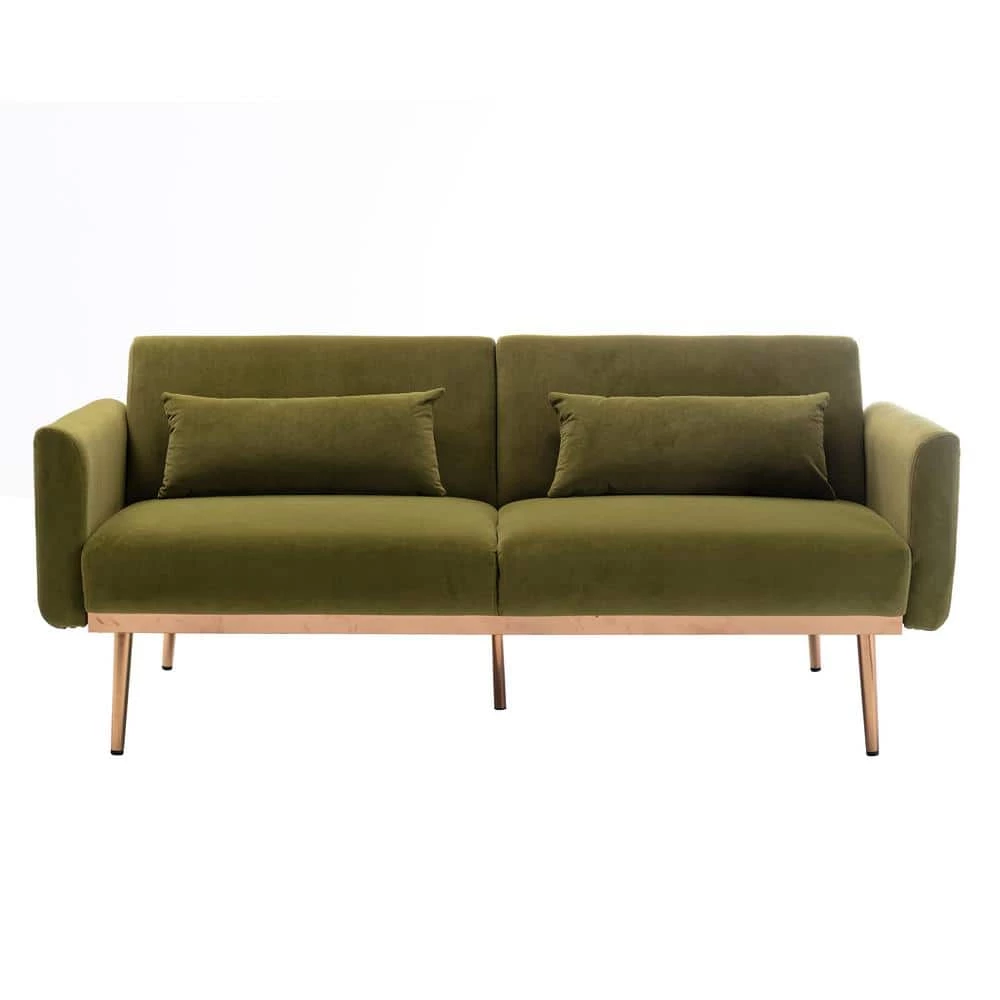 68.5 in. Green Velvet Upholstered Square Arm 2-Seater Loveseat Reclining Sofa with Metal Legs and Pillows by HOMEFUN 3 68.5 in. Green Velvet Upholstered Square Arm 2-Seater Loveseat Reclining Sofa with Metal Legs and Pillows by HOMEFUN