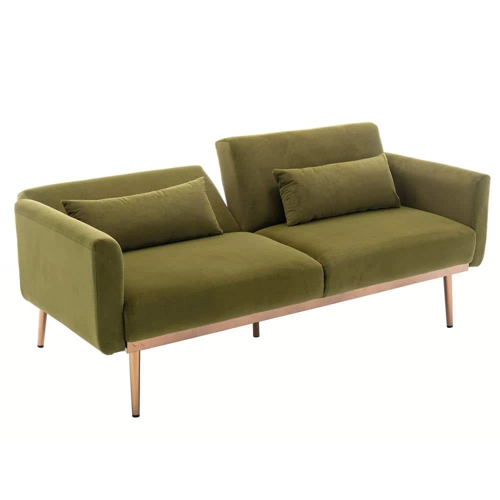 68.5 in. Green Velvet Upholstered Square Arm 2-Seater Loveseat Reclining Sofa with Metal Legs and Pillows by HOMEFUN 6 68.5 in. Green Velvet Upholstered Square Arm 2-Seater Loveseat Reclining Sofa with Metal Legs and Pillows by HOMEFUN - Image 4