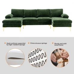 110 in W Green 4-piece U Shaped Fabric Modern Sectional Sofa with 2 Arms and Golden Metal Legs by HOMEFUN -Cheap LR Home Store green homefun sectional sofas hfhdsn 817gn 4f 1000