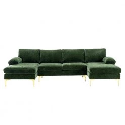 110 in W Green 4-piece U Shaped Fabric Modern Sectional Sofa with 2 Arms and Golden Metal Legs by HOMEFUN