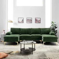 110 in W Green 4-piece U Shaped Fabric Modern Sectional Sofa with 2 Arms and Golden Metal Legs by HOMEFUN -Cheap LR Home Store green homefun sectional sofas hfhdsn 817gn c3 1000