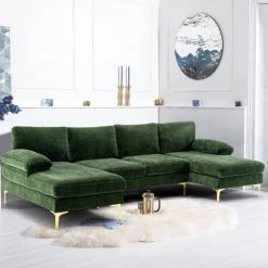 110 in W Green 4-piece U Shaped Fabric Modern Sectional Sofa with 2 Arms and Golden Metal Legs by HOMEFUN -Cheap LR Home Store green homefun sectional sofas hfhdsn 817gn fa 1000