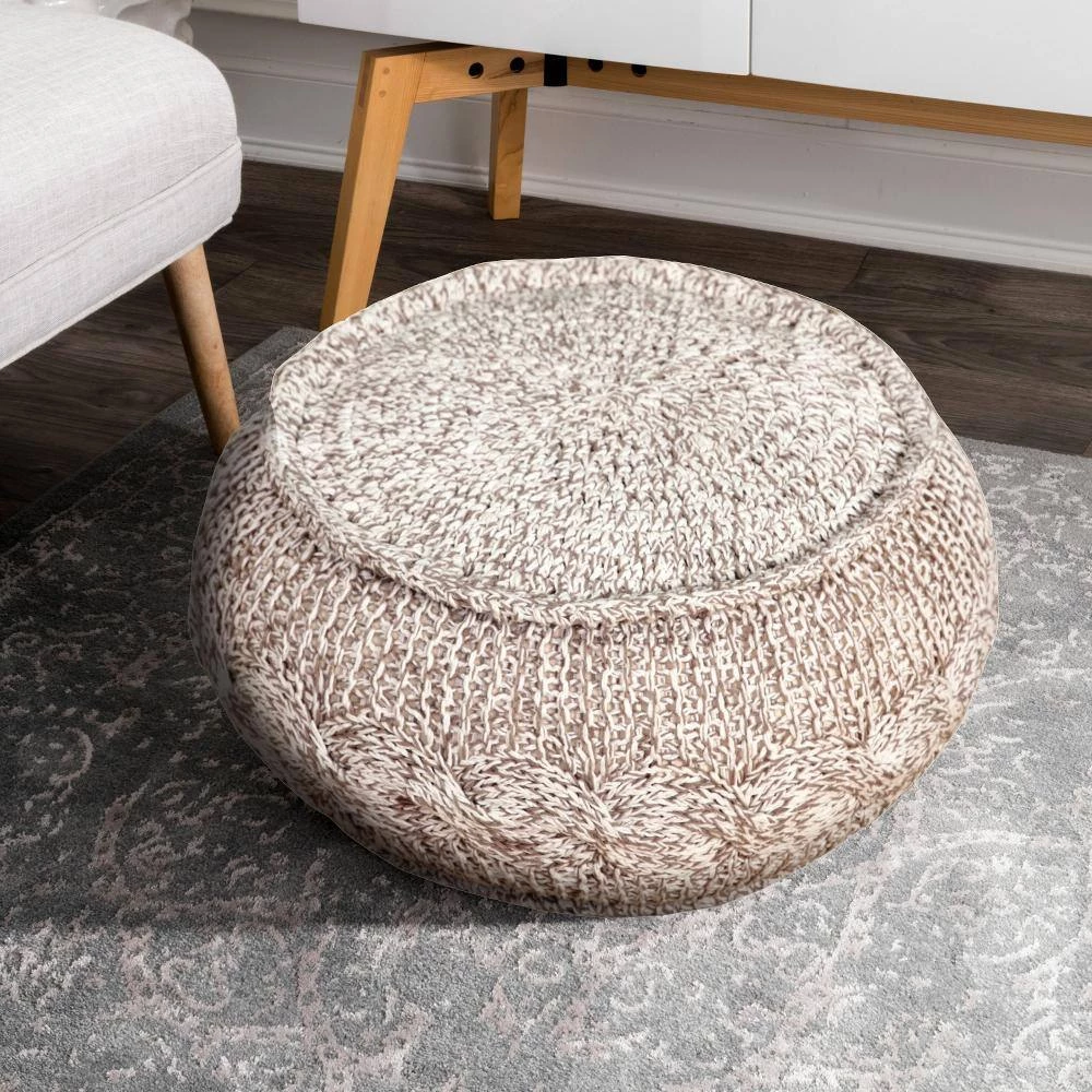 Cable Melange Grey / Natural Round 20 in. x 12 in. Knit Indoor Pouf by LR Home 7 Cable Melange Grey / Natural Round 20 in. x 12 in. Knit Indoor Pouf by LR Home - Image 5