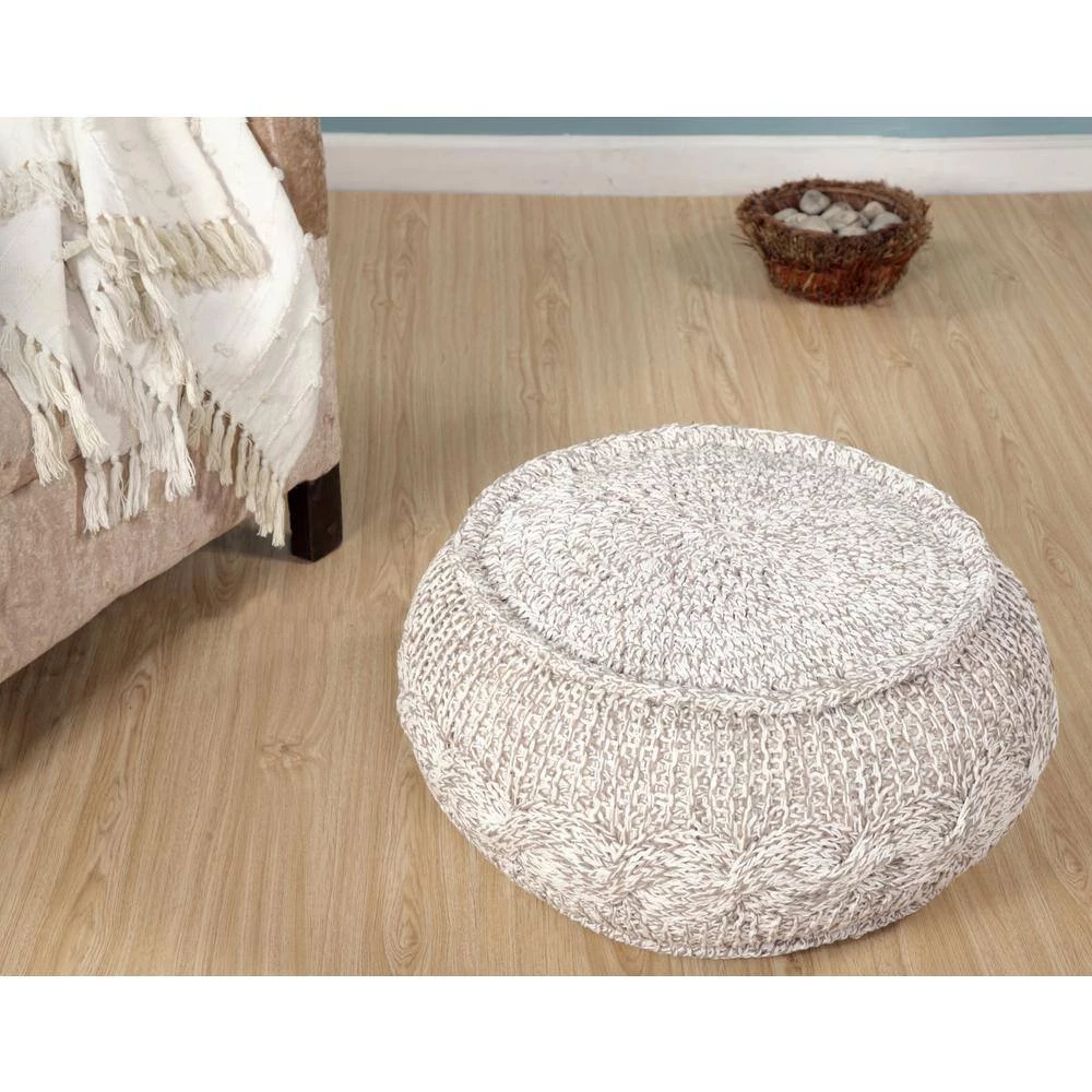 Cable Melange Grey / Natural Round 20 in. x 12 in. Knit Indoor Pouf by LR Home 4 Cable Melange Grey / Natural Round 20 in. x 12 in. Knit Indoor Pouf by LR Home - Image 2