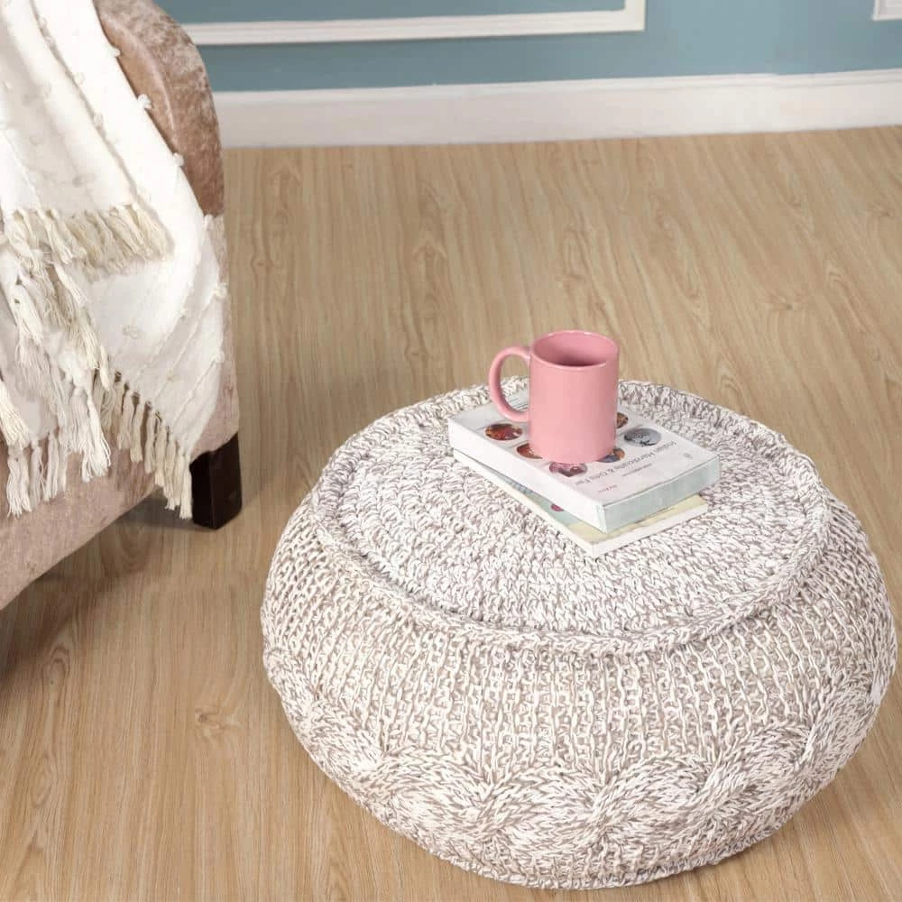 Cable Melange Grey / Natural Round 20 in. x 12 in. Knit Indoor Pouf by LR Home 8 Cable Melange Grey / Natural Round 20 in. x 12 in. Knit Indoor Pouf by LR Home - Image 6