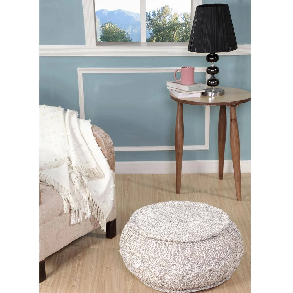 Cable Melange Grey / Natural Round 20 in. x 12 in. Knit Indoor Pouf by LR Home 6 Cable Melange Grey / Natural Round 20 in. x 12 in. Knit Indoor Pouf by LR Home - Image 4