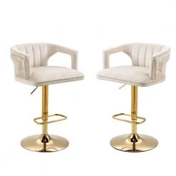 33 in. Ivory Velvet Golden Metal Frame Adjustable Hight Cushioned Bar Stool with Foot-Rest (Set of 2) by HOMEFUN