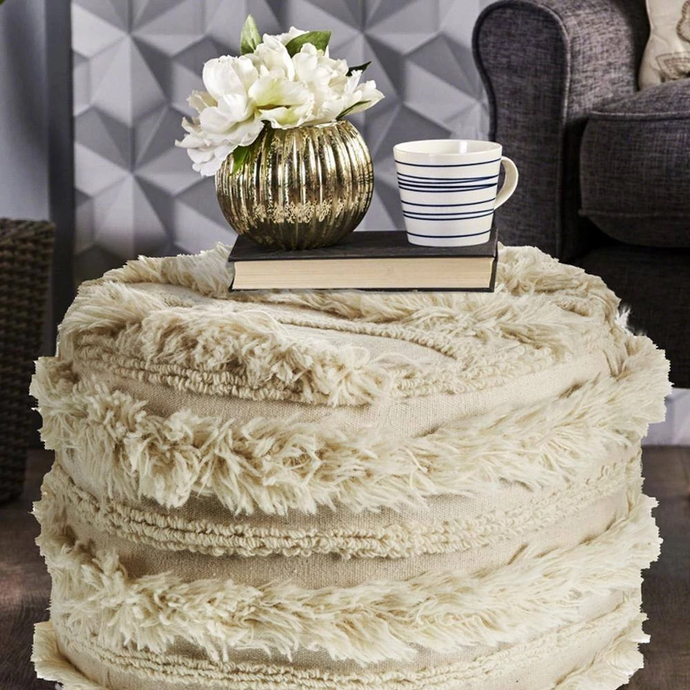 Fluffy Shaggy Faux Fur Ivory Pouf Ottoman by LR Home 11 Fluffy Shaggy Faux Fur Ivory Pouf Ottoman by LR Home - Image 9