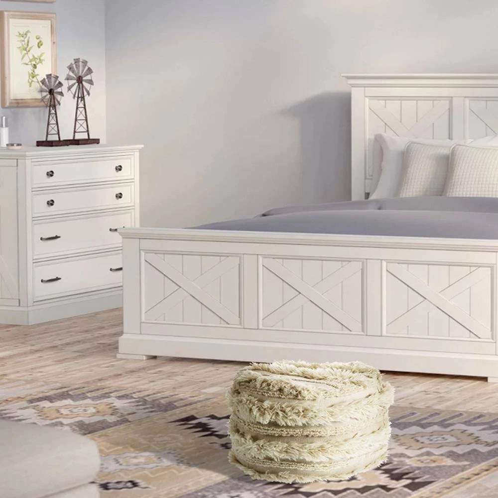 Fluffy Shaggy Faux Fur Ivory Pouf Ottoman by LR Home 5 Fluffy Shaggy Faux Fur Ivory Pouf Ottoman by LR Home - Image 3