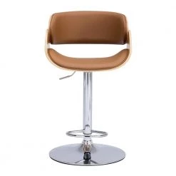 Brown PU Leather Ecru Bent Wood Swivel Bar Chair with Adjustable Height by HOMEFUN